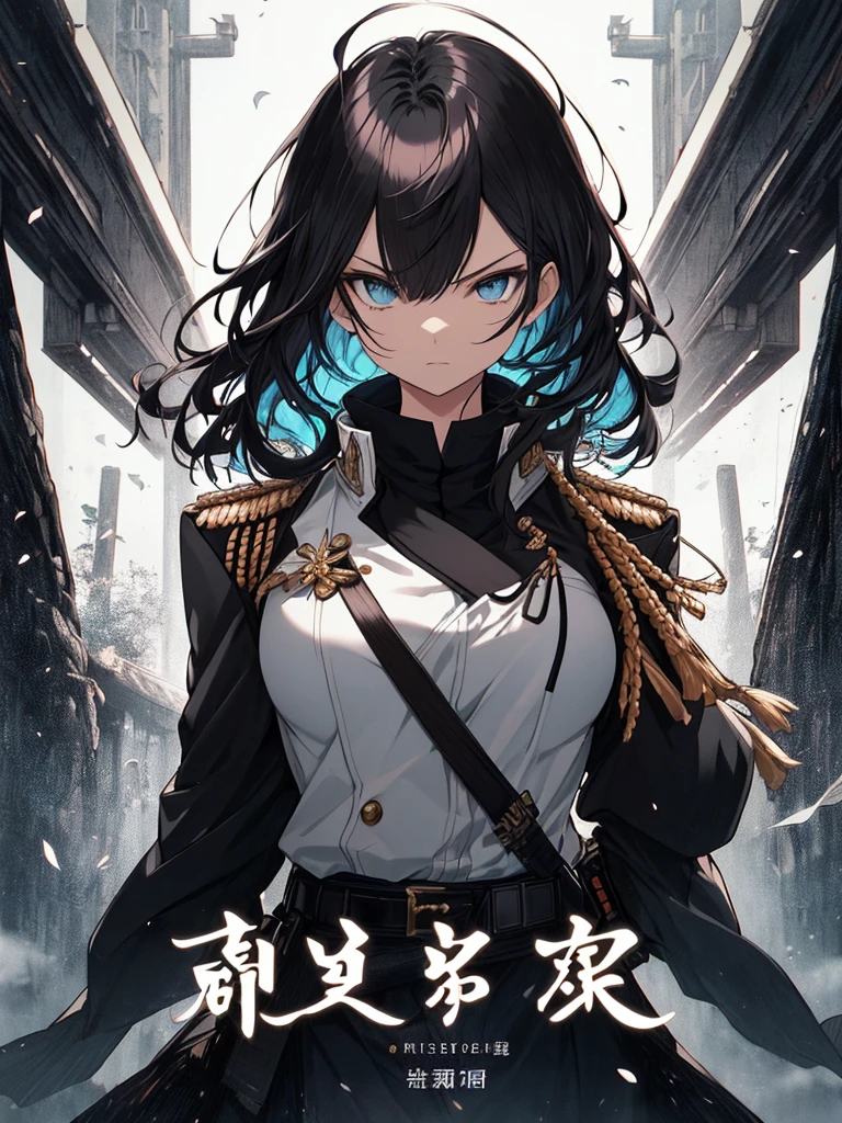 Japanese Katana Sword、Samurai sword、Full body、White one-piece military uniform、 Jet black head of hair,(masutepiece:1.2, Best Quality), (finely detailed beautiful eye: 1.2), (Detailed background,Dark Fantasy), (beautifull detailed face), High contrast, (Best Illumination, extremely delicate and beautiful), ((Cinematic Light)), Colorful, Hyper Detail, Dramatic light, Intricate details,Very blue eyes, Shining eyes, long hair flowing with the wind、large full breasts、Belt under the chest、White military uniform, skirt by the, large full breasts, Long hair fluttering in the wind, swords, jet-black hair, Blue eyes, Black tie, Belt under the chest, Serious look,