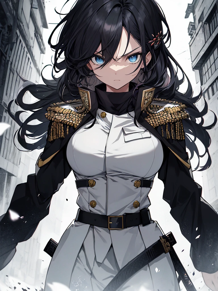 Japanese Katana Sword、Samurai sword、Full body、White one-piece military uniform、 Jet black head of hair,(masutepiece:1.2, Best Quality), (finely detailed beautiful eye: 1.2), (Detailed background,Dark Fantasy), (beautifull detailed face), High contrast, (Best Illumination, extremely delicate and beautiful), ((Cinematic Light)), Colorful, Hyper Detail, Dramatic light, Intricate details,Very blue eyes, Shining eyes, long hair flowing with the wind、large full breasts、Belt under the chest、White military uniform, skirt by the, large full breasts, Long hair fluttering in the wind, swords, jet-black hair, Blue eyes, Black tie, Belt under the chest, Serious look,