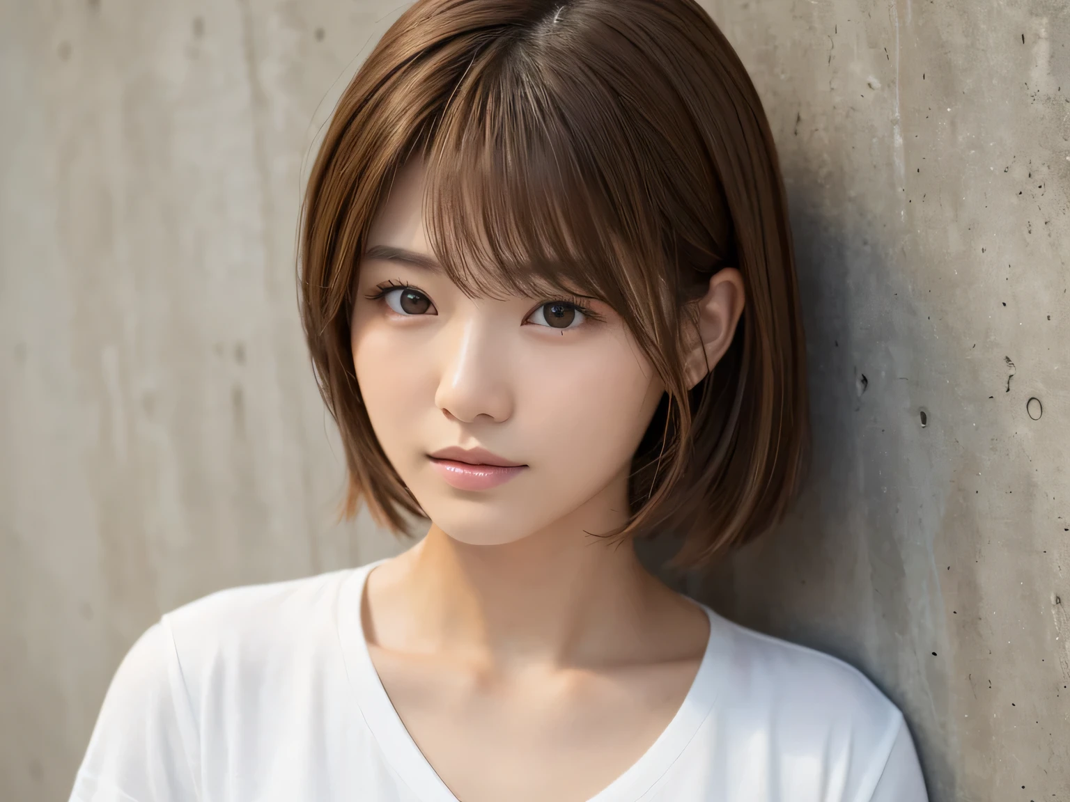 White shirt,Concrete wall with plain background,Light Brown Hair,Realistic skin texture,Slightly rough skin,Cute face,Japanese woman in her 20s,Medium hair over the shoulders