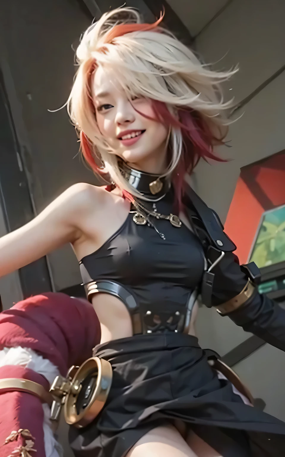 beautiful female with white and red hair, smile, black outfit