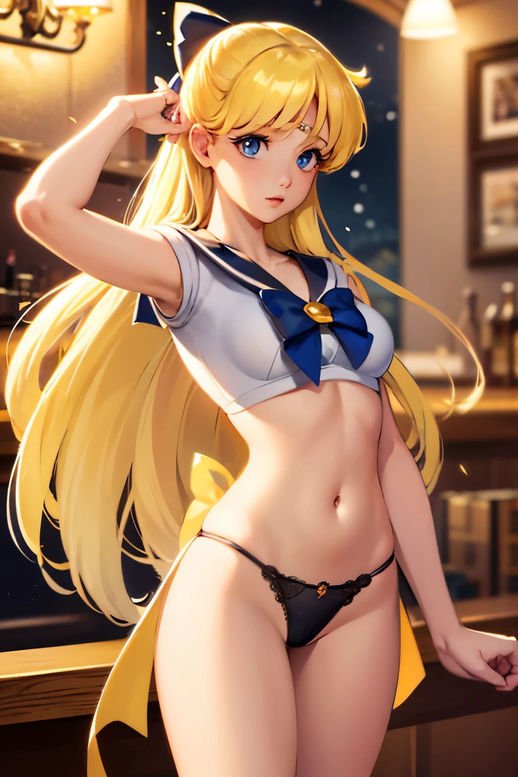 sailor venus, 4k quality, (masterpiece), photorealistic, 1 woman, blonde hair, blue eyes, expressive eyes, beautiful woman, long hair, tiny white bra, black lace, white panties, in a bar