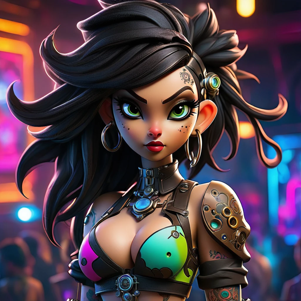 Exquisitely-crafted android assassin in a crowded neon-lit, futuristic nightclub with ornate steampunk decor, she moves through a energized crowd (loads of nubile raver women(varied height, varied weight, varied hair, varied prettiness, varied breast size, varied hip width, extensive tattoos and neon body paint) banging music, swampdonkey)
