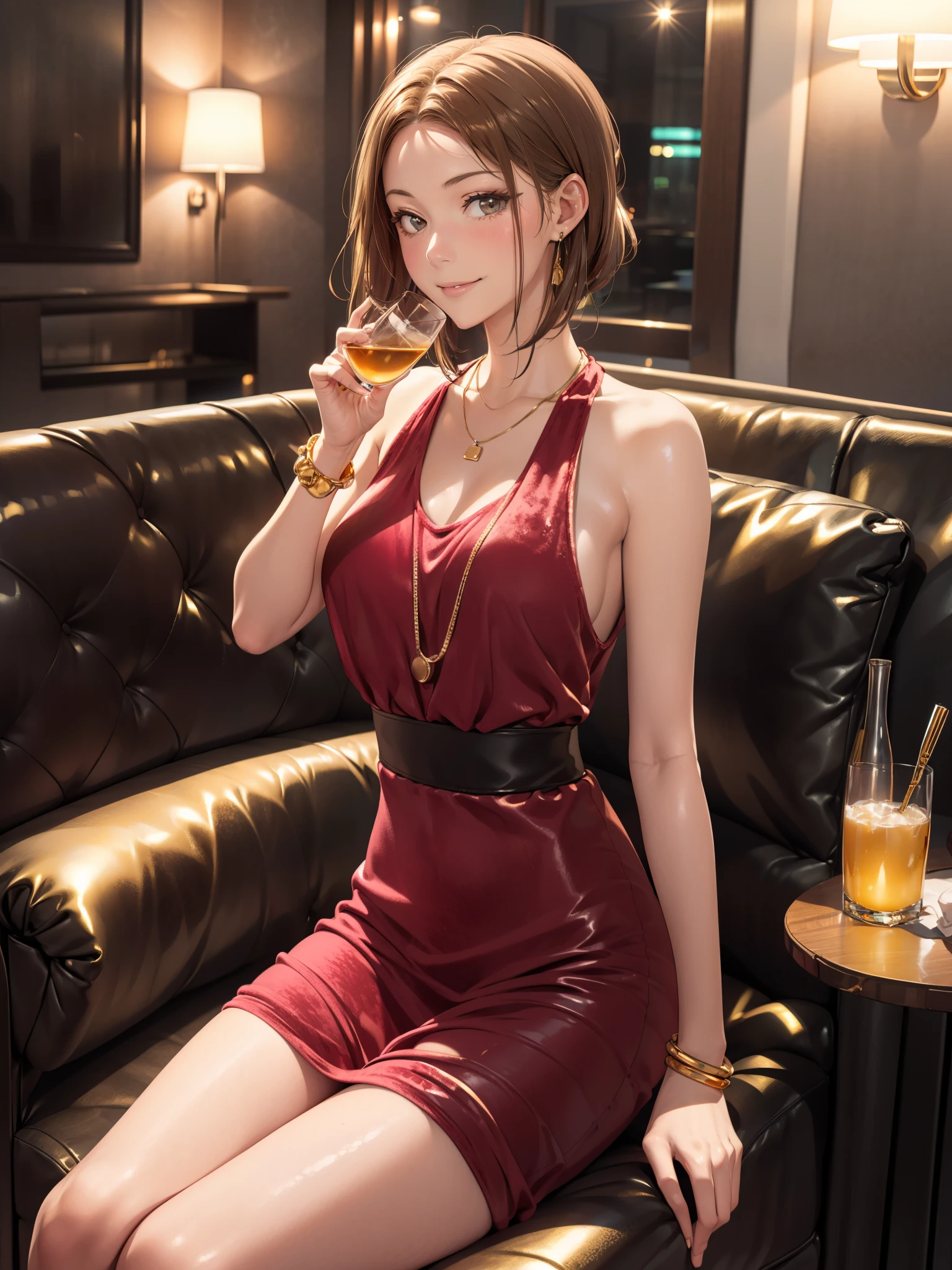 best quality, ultra-detailed, illustration, 
cabaret, scenery, bar (place), indoors, chair, table, light,


(((Golden lighting、Velvet dress、Red Velvet Long Sofa))), character:Tchibana kyoka,

1girl, solo, , jewelry, necklace, smile, black hair, looking at viewer, black dress, sleeveless dress, bracelet, sitting, drinking glass, alcohol, 
 