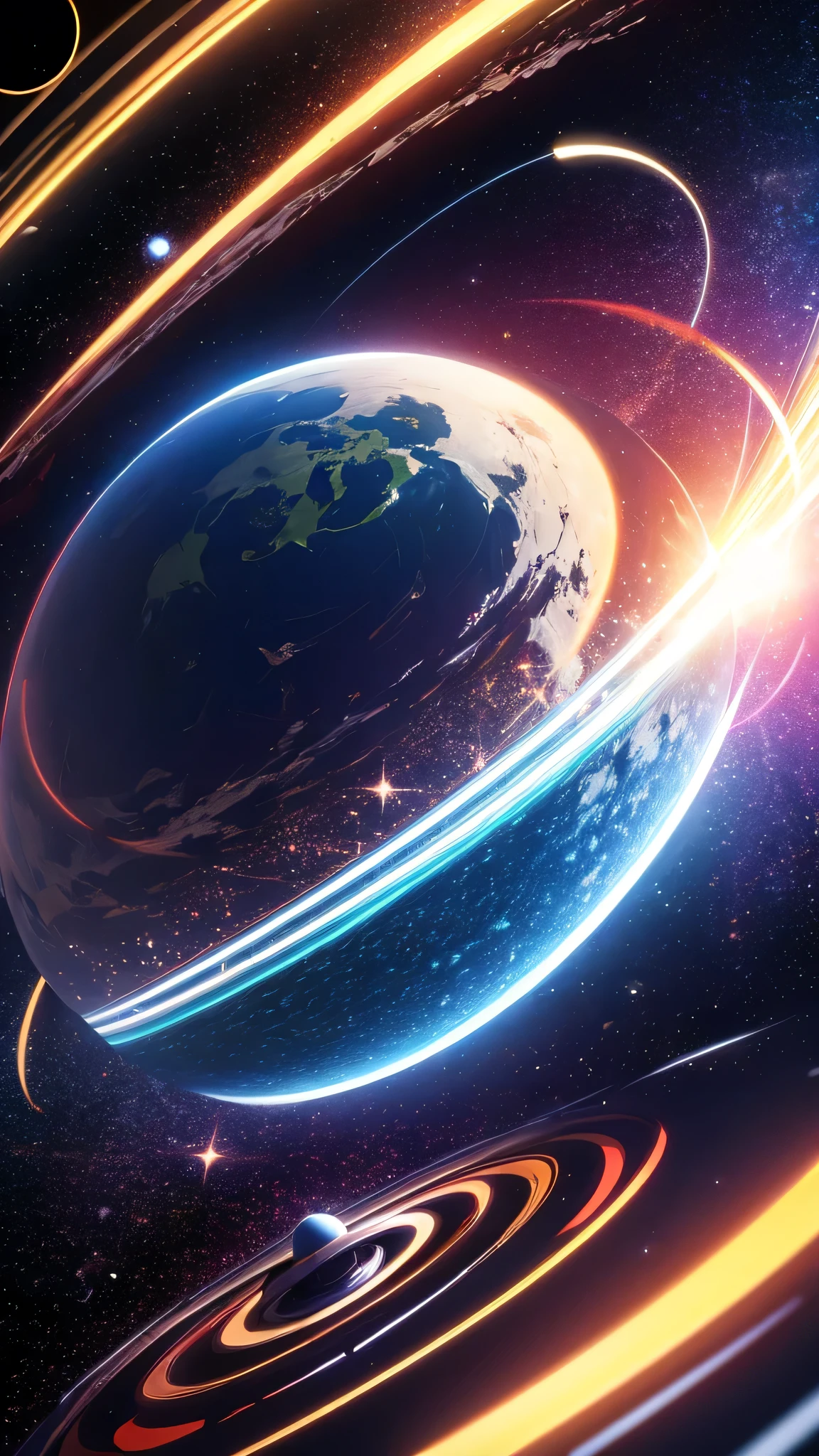 single colorful planet with ring around it, in space