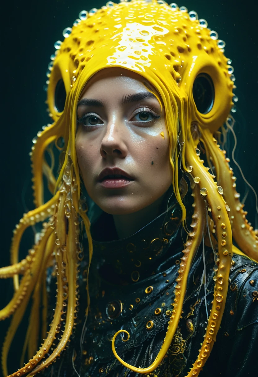 8K, ARTISTIC photogrAphy, best quAlity, mAsterpiece: 1.2), A (potrAit:1.2) witch Cthulhu SAINT, YELLOW-BLACK many octopus style tentacles, full body RAW candid cinema, yellow hair, 16mm, color graded portra 400 film, remarkable color, ultra realistic, sad admosphere, dark lighting, oppressive atmosphere, depressive colors, kodak portra 400, photograph,r, Natural Light, Pinhead lighgts, blur reflection, Brush Strokes, Smooth, abstract, Splatter, Oil On Canvas, rainbow colors, fractal isometrics details bioluminescens : a stunning realistic photograph of wet bone structure, 3d render, octane render, intricately detailed, titanium decorative headdress, cinematic, trending on artstation | Isometric | Centered
