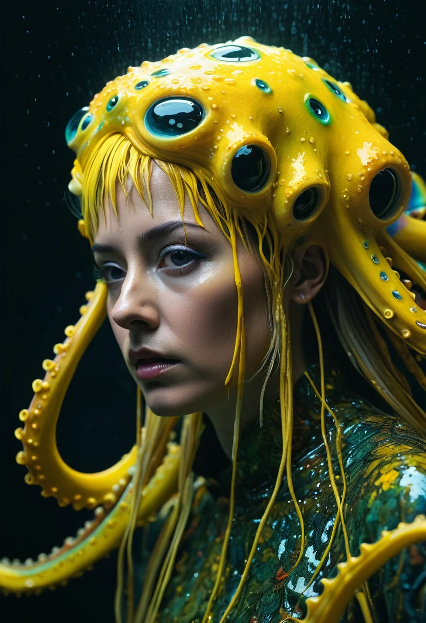 8K, ARTISTIC photogrAphy, best quAlity, mAsterpiece: 1.2), A (potrAit:1.2)  witch  Cthulhu  SAINT, YELLOW-BLACK many octopus style tentacles, full body RAW candid cinema, yellow hair, 16mm, color graded portra 400 film, remarkable color, ultra realistic, sad admosphere, dark lighting, oppressive atmosphere, depressive colors, kodak portra 400, photograph,r, Natural Light, Pinhead lighgts, blur reflection, Brush Strokes, Smooth, abstract, Splatter, Oil On Canvas, rainbow colors, fractal isometrics details bioluminescens : a stunning realistic photograph of wet bone structure, 3d render, octane render, intricately detailed, titanium decorative headdress, cinematic, trending on artstation | Isometric | Centered