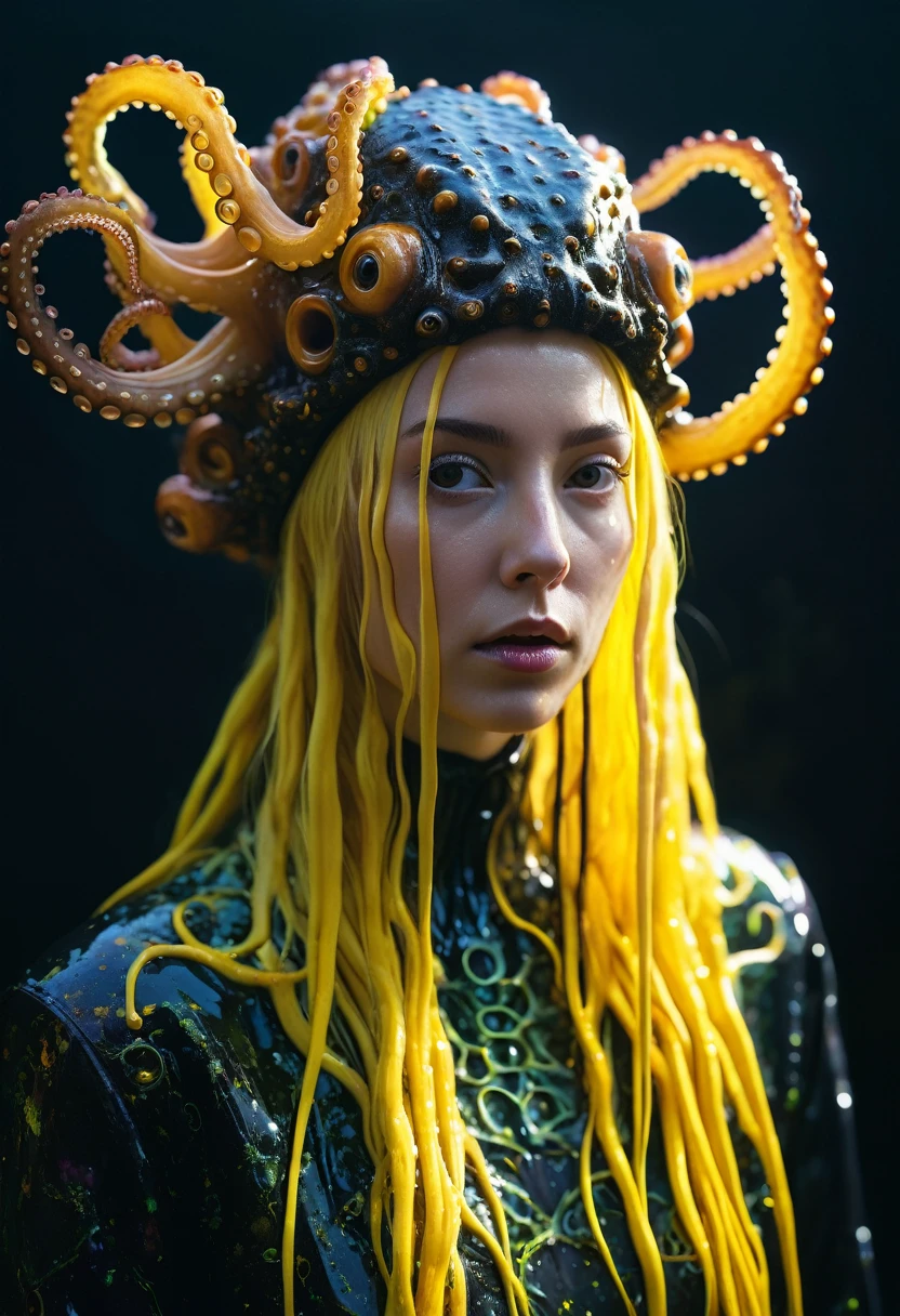 8K, ARTISTIC photogrAphy, best quAlity, mAsterpiece: 1.2), A (potrAit:1.2)  witch  Cthulhu  SAINT, YELLOW-BLACK many octopus style tentacles, full body RAW candid cinema, yellow hair, 16mm, color graded portra 400 film, remarkable color, ultra realistic, sad admosphere, dark lighting, oppressive atmosphere, depressive colors, kodak portra 400, photograph,r, Natural Light, Pinhead lighgts, blur reflection, Brush Strokes, Smooth, abstract, Splatter, Oil On Canvas, rainbow colors, fractal isometrics details bioluminescens : a stunning realistic photograph of wet bone structure, 3d render, octane render, intricately detailed, titanium decorative headdress, cinematic, trending on artstation | Isometric | Centered