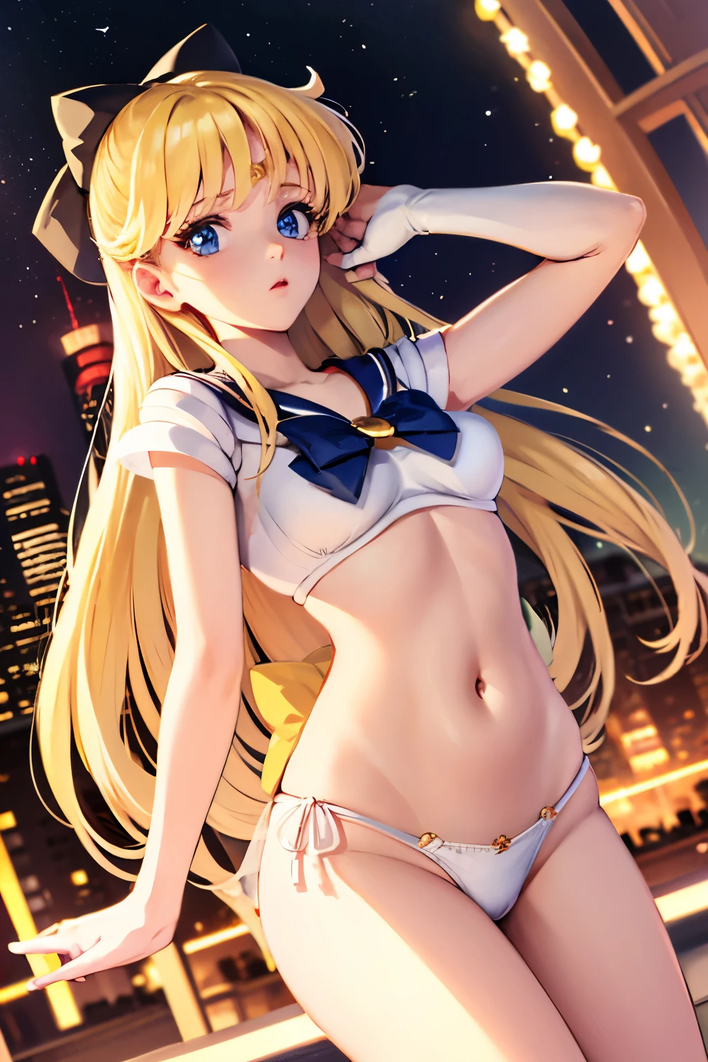 sailor venus, 4k quality, (masterpiece), photorealistic, 1 woman, blonde hair, blue eyes, expressive eyes, beautiful woman, long hair, tiny white bra, black lace, white panties, in a bar