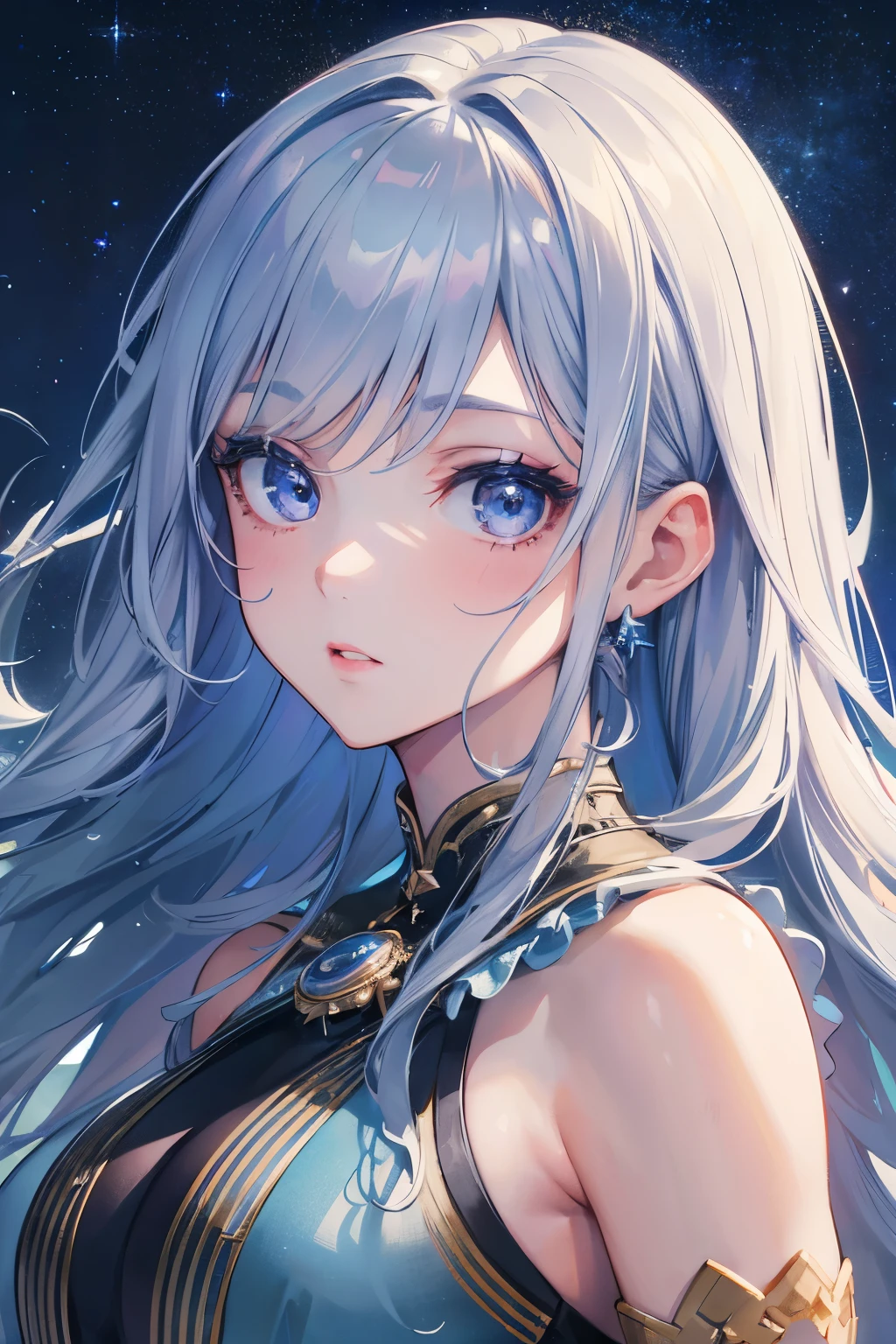 (best quality,4k,8k,highres,masterpiece:1.2),ultra-detailed,realistic,portrait,girl:hairsilverlong,detailed eyes, detailed lips, beautiful detailed face, glowing skin, long eyelashes, flowing dress, walking, under the starry sky, sturdy katana, silver-blue hair, shining stars, vibrant colors, serene atmosphere, ethereal beauty, dreamlike scene, cosmic background, soft lighting, enchanting aura