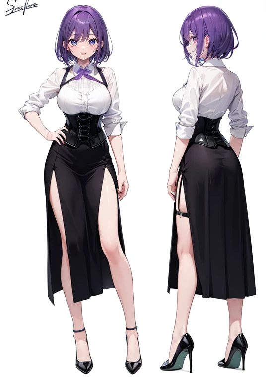 ((Perfect Face)),Purple Hair,Shortcuts,Adult female,bartender,((Body Harness)),((I rolled up my sleeves.Ｙshirt)),tie,Black vest,((corset)),(skirt)((slit)),(High heels),((Simple Background)),smile,((whole body)),((Full Body)),((full body))Character portrait,((upright)),Standing upright with arms down