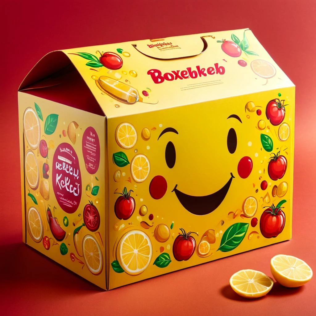 Generate an image of a child-friendly food packaging box, similar in shape to a Happy Meal box. The words 'BoxKebab' should stand prominently on it. The box should be decorated in vivid red and yellow colors. Embellish it with small, playful images of a kebab, fries, and a salad. Also, incorporate cheerful smiley faces into the design to make it appealing to children.