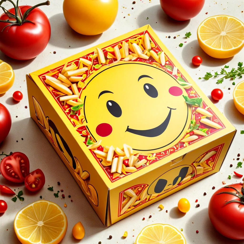 Generate an image of a child-friendly food packaging box, similar in shape to a Happy Meal box. The words 'BoxKebab' should stand prominently on it. The box should be decorated in vivid red and yellow colors. Embellish it with small, playful images of a kebab, fries, and a salad. Also, incorporate cheerful smiley faces into the design to make it appealing to children.