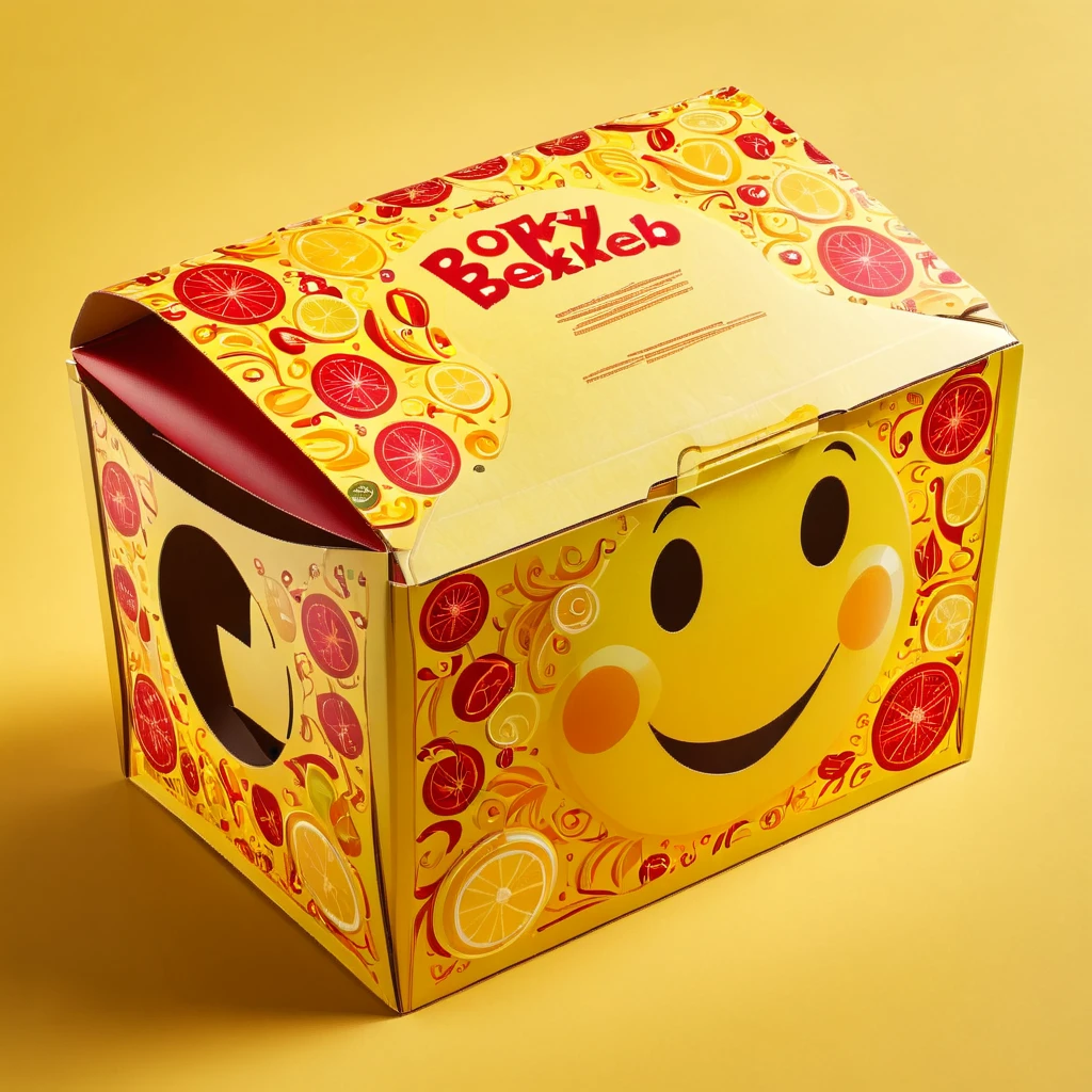 Generate an image of a -friendly food packaging box, similar in shape to a Happy Meal box. The words 'BoxKebab' should stand prominently on it. The box should be decorated in vivid red and yellow colors. Embellish it with small, playful images of a kebab, fries, and a salad. Also, incorporate cheerful smiley faces into the design to make it appealing to children.