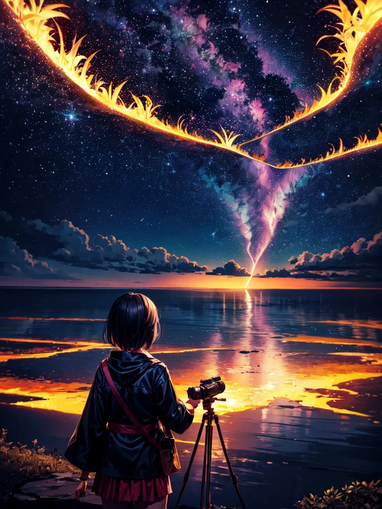 The image shows Nanashi Mumei alone at night in Venezuela, observing the famous phenomenon known as Catatumbo lightning in the distance. She is dressed in a tourist outfit and has a camera to capture the rather wonderful phenomenon. In the picture, lightning can be seen lighting up the night sky as she Nanashi Mumei watches in fascination. The environment is detailed with an impressive recreation of the nocturnal nature of the Zulia state. Everything is animated and the quality is 16k which makes for a stunning and vibrant image.