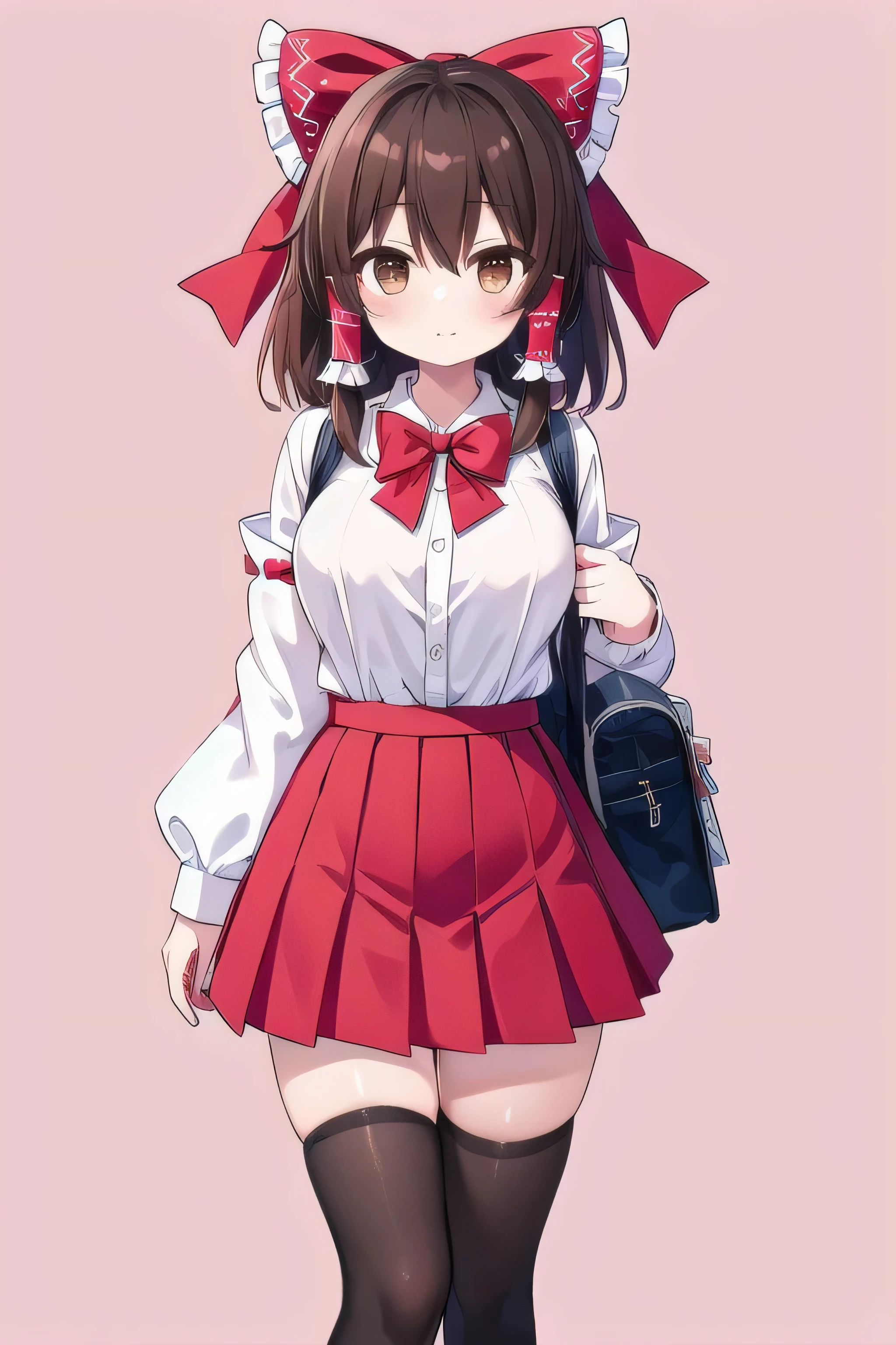 hakurei reimu, 1girl, solo, breasts, looking at viewer, bangs, skirt, brown hair, shirt, black hair, thighhighs, bow, brown eyes, , standing, full body, white shirt, hair bow, sidelocks, pleated skirt, shoes, alternate costume, black thighhighs, miniskirt, bowtie, bag, red bow, zettai ryouiki, red skirt, hair tubes, pink background, loafers, red bowtie, sleeves rolled up, school bag, contemporary, frilled bow, masterpiece, top quality, super detailed, CG illustration, high resolution, better lighting, best shadows, very delicate and beautiful, proper shading, hd, 8k,