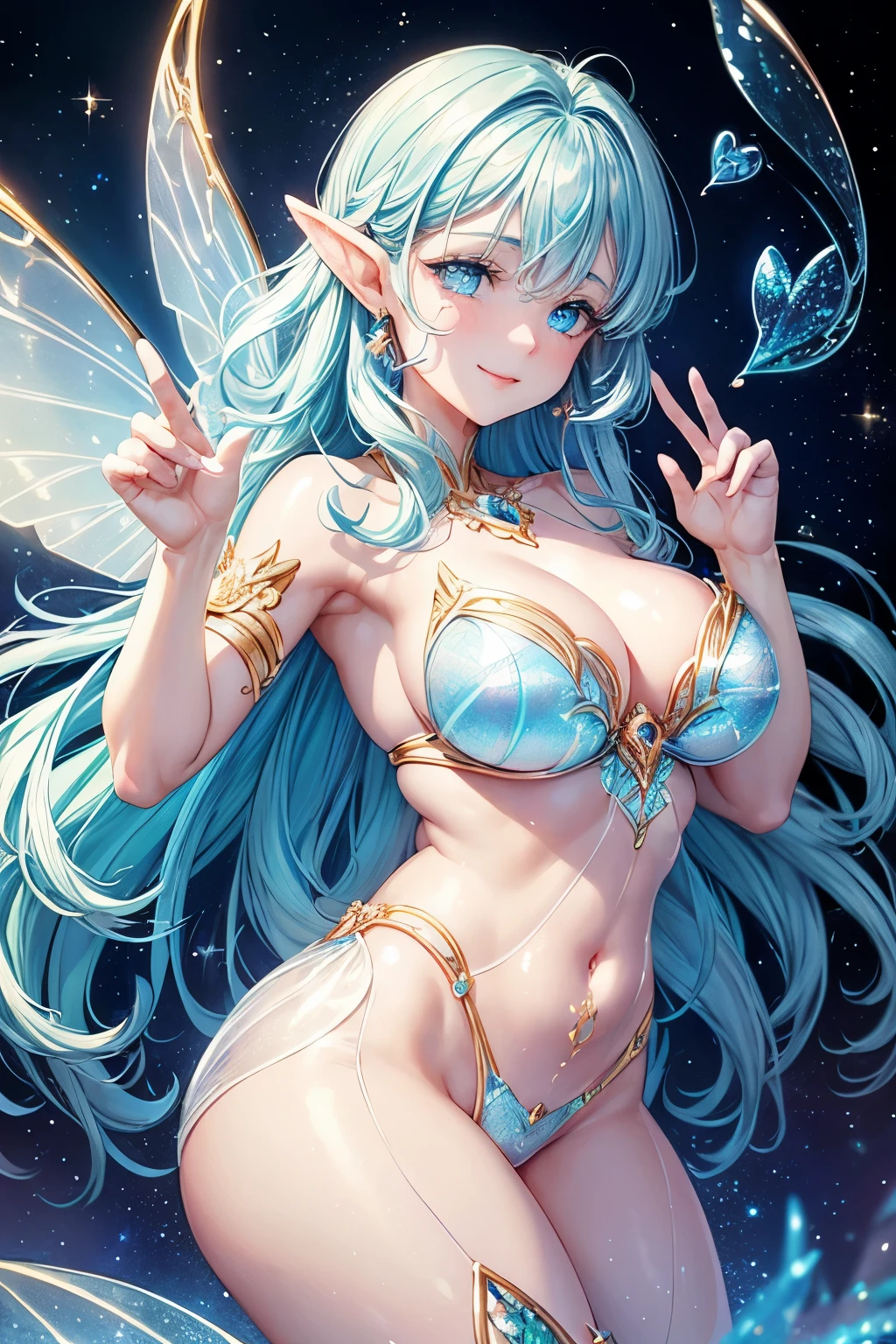 Extremely delicate iridescent fairy made of glass, plump and glossy lips, (Beautiful blue eyes:1.3), spoken word heart, (best smile), spoken word heart, (Cute Pose:1.2), (perfect hands:1.3), golden swirls and filigree, iridescent bubbles, ethereal glow, (magical holographic glow fairy wings:1.2), hyper detailed glass art.