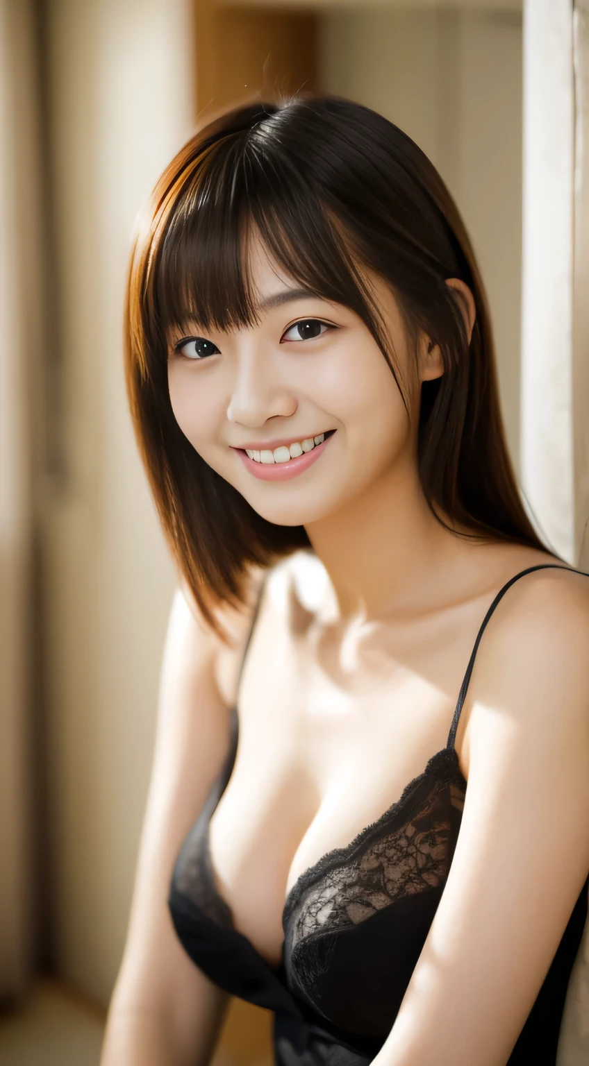 masterpiece,best quality,(Japanese ),((Beautiful girl)),cleavage,indoor,(perfect body beauty:1.2),(shy smile),beautiful teeth,