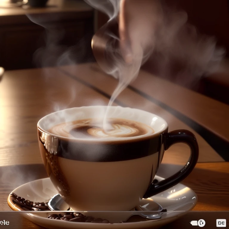 there is a A cup of coffee on a saucer on a table, Steaming coffee, full of Steaming coffee, youtube video screenshot, coffee smell, A cup of coffee, Youtube thumbnails, youtube video, drinking a A cup of coffee, Morning Coffee, Hot Coffee, Highly detailed VFX espresso, video, Drink coffee, Drinking coffee, Coffee cup, portrait of Morning Coffee