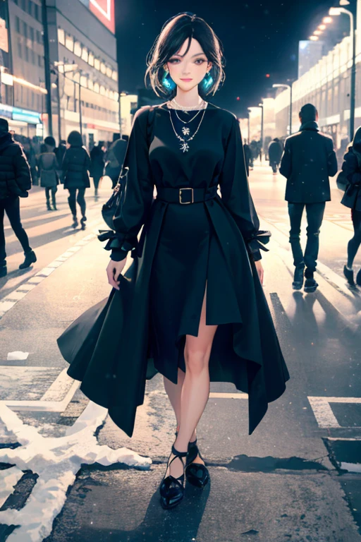 (best quality,8k,photo-realistic:1.37),full-body portrait,beautiful woman,charming expression,short hair,16 years old,Tokyo,Winters,Shibuya in the background,sexy pose,short cut,stylish clothes,confident,modern makeup,subtle smile,slender physique,refreshing,city lights,neon signs,passersby,cosmopolitan atmosphere,soft winter breeze,snowflakes falling,pedestrian crossing,the girl stands out,steady gaze,positive energy,lively atmosphere,liquid eyeliner,smoky eyes,elegant earrings,delicate necklace,high-definition textures,shimmering colors,icy blues and grays,warm glow of street lamps,National Yoyogi Stadium in Shibuya,anticipation and excitement,fashion-forward crowd,scenic beauty of the cityscape,urban energy,meticulous attention to detail,radiant skin,crisp details in facial features,realistic rendering of clothing,fine fabric textures,highlights and shadows to accentuate the curves,professional photographer's lighting,elegant and alluring presence,fashion icon.