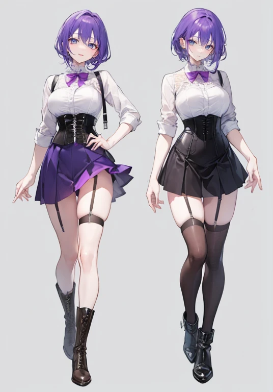 Purple hair,Shortcuts,Adult female,Bartender,((Body harness)),((Rolling up your sleeves shirt)),(Corset),(Tight skirt),((Garter belt)),(short boots),((Simple background)),Smile,((Full body)),((whole body)),Character Sheet,