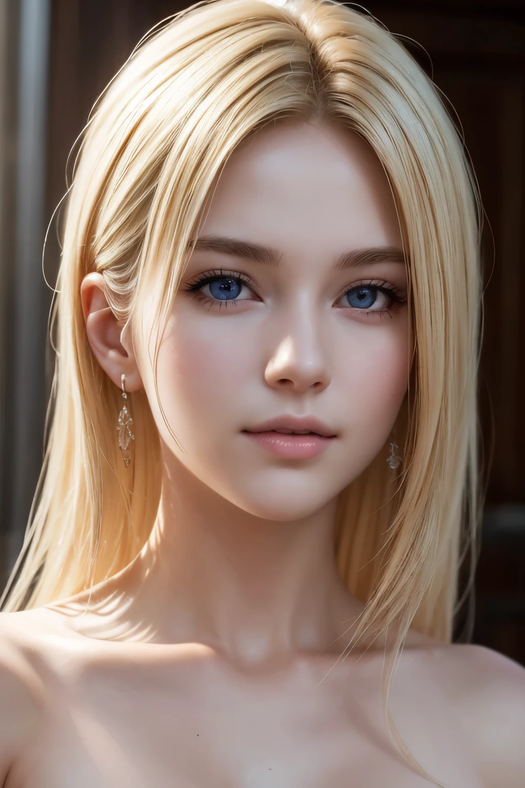 ((best quality)), ((ultra-resolution)), ((photorealistic)), (intricate details), 19 years old, blonde hair, perfect face, build:1.5, light on face, face detail, nude, hair short,