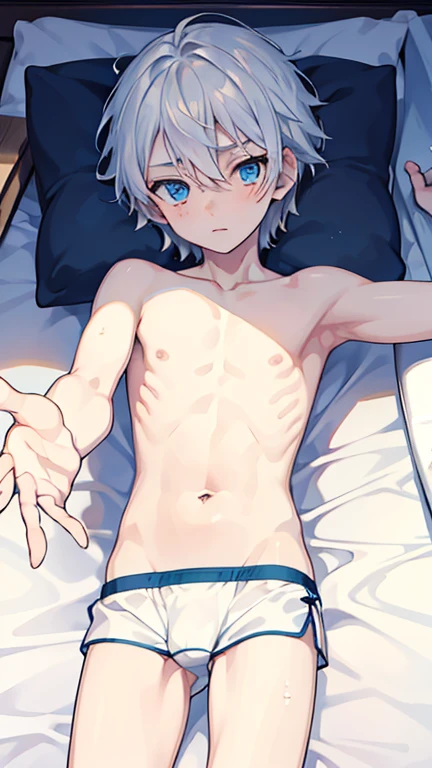 ((Best quality)), ((masterpiece)), (detailed), perfect face,  boy, Shy, 12 yirtless, in short white swimming trunks, White hair and blue eyes, very thin, Lying in bed, arms outstretched on the bed.