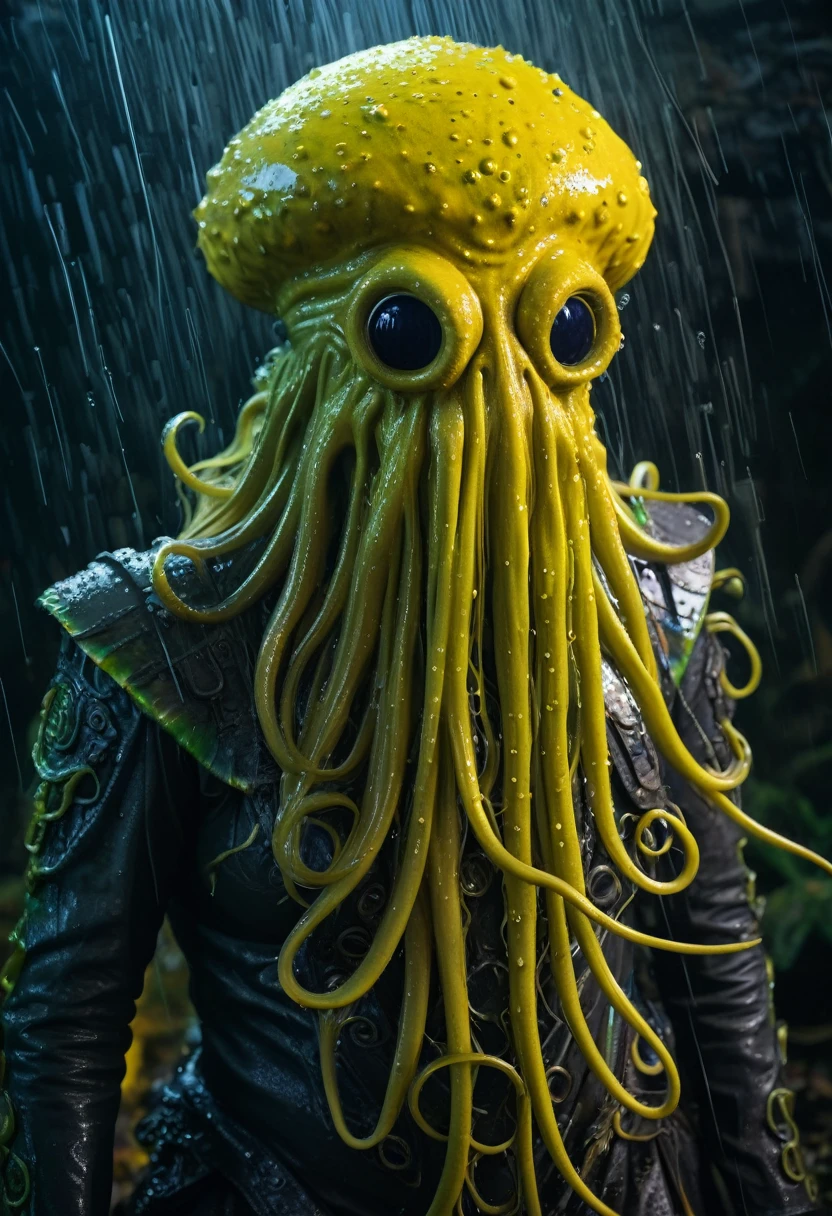 8K, ARTISTIC photogrAphy, best quAlity, mAsterpiece: 1.2), A (potrAit:1.2) witch Cthulhu soldier, YELLOW-BLACK many octopus style tentacles, full body RAW candid cinema, yellow hair, 16mm, color graded portra 400 film, remarkable color, ultra realistic, sad admosphere, dark lighting, oppressive atmosphere, depressive colors, kodak portra 400, photograph,r, Natural Light, Pinhead lighgts, blur reflection, Brush Strokes, Smooth, abstract, Splatter, Oil On Canvas, rainbow colors, fractal isometrics details bioluminescens : a stunning realistic photograph of wet bone structure, 3d render, octane render, intricately detailed, titanium decorative headdress, cinematic, trending on artstation | Isometric | Centered