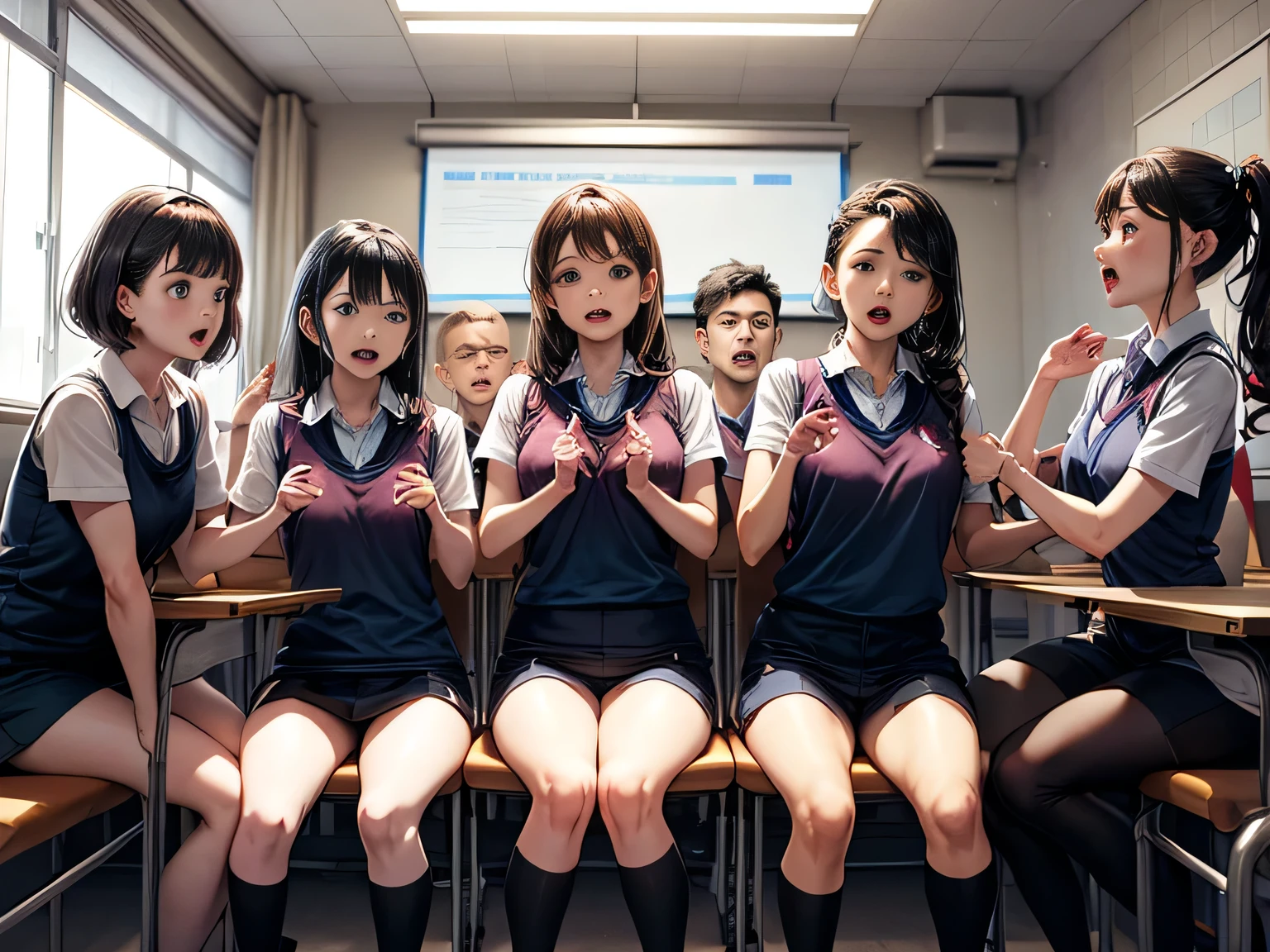 (Training Hall),7 people,3 males,4 females,surprise,Open your mouth,Everyone look straight ahead,(Standing),student,open