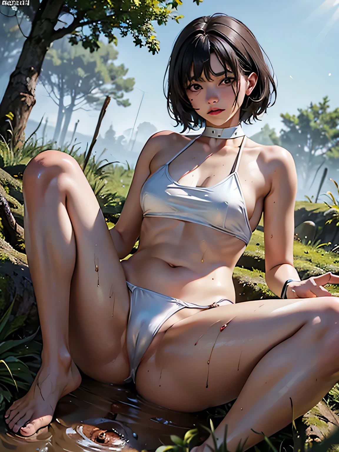 (masterpiece, best quality:1.2), full-body shot, 1girl, young girl, Judo, black hair, short hair, wet hair, black eyes, slender figure, slender hands, slender legs, red belt Judo, white bra, white panties, shows copletely underwear, white bikini, dirty, dust, wear a leash, wear handcuffs, mud, deep mud, damp, wet, mud stuck to the body, dust, forest, in the swamp, fallen tree trunk, bloody, deep wound, full of blood, female genital organs