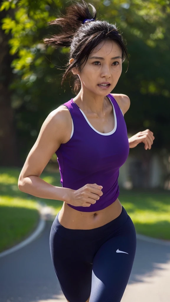 ((Top Quality)), ((8K)), ((Masterpiece: 1.3)), (Perfect Appearance), (Photorealism: 1.6), (Japanese woman jogging: 1.6), (clear background), (Beautiful jogging form with a straight spine: 1.2), japanese woman, (48 years old), ((Standing upright, facing forward, center of screen)), ((Realistic skin texture)), (Fine wrinkles throughout the skin: 1.3), (Dull skin: 1.1), (Skin without moisture: 1.2) , (Wrinkles on the face: 0.9), (Wrinkles on the corners of the eyes: 1.2), Double eyelids, tear bags on the lower eyelids, (Crying moles: 0.9), face is straight, Look in the direction of travel, (Dimples: 1.2), straight medium length, ponytail, hair blowing in the wind, Sun visor, Functional T-shirt that fits your body perfectly, T-shirt damp with sweat, Wear shorts over running tights, running shoes, (upper body is straight: 1.2), center of screen, (focus on upper body),