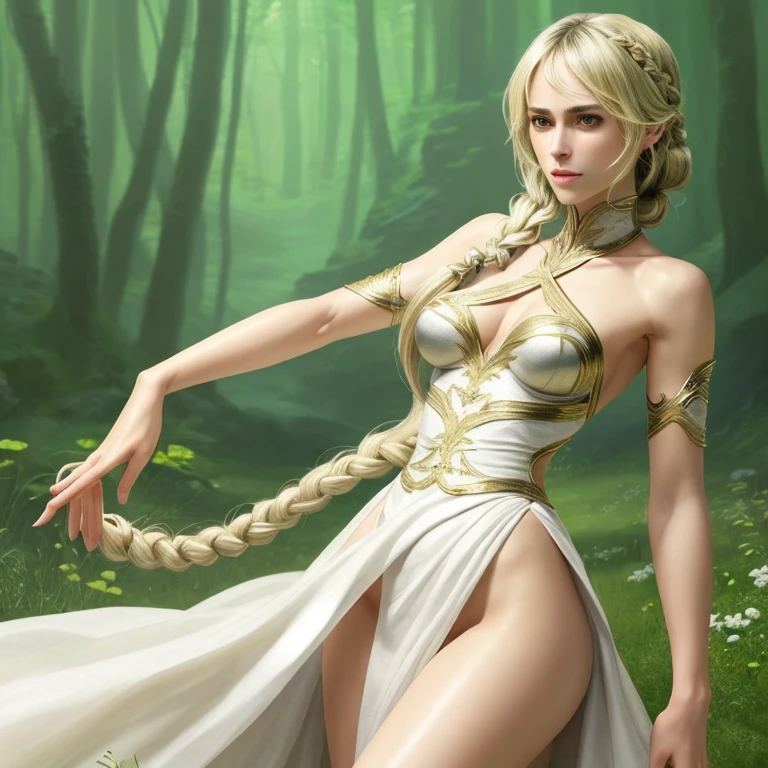 (((medium full shot))), (Masterpiece, photorealistic, photorealism, best quality, ultra-detailed:1.3), (nice hands, perfect hands), official art, cinematic light, (1girl:1.3), adult, solo, (Keira Christina Knightley:1.2), wild, pulchritudinous, enticing, lithe, stunning, alluring, beautiful, twin braided long hair, photoreal, full-length female-body, eye catching, drab, magical, alluring, blonde, hazel-eyes, bright, background fantasy world, outside