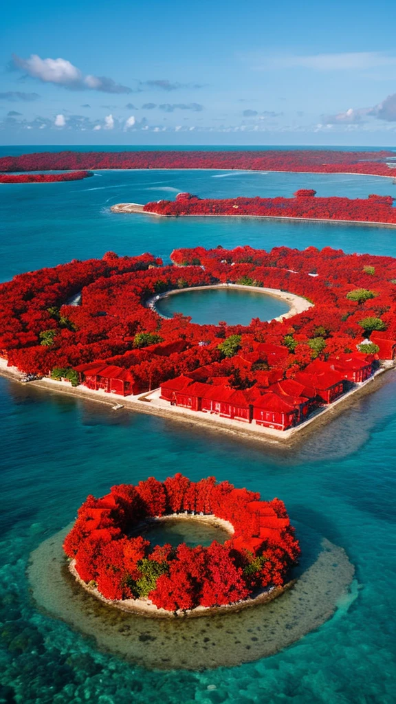 Red gates stand at equal intervals in the sea on a small island.。sun and rainbow