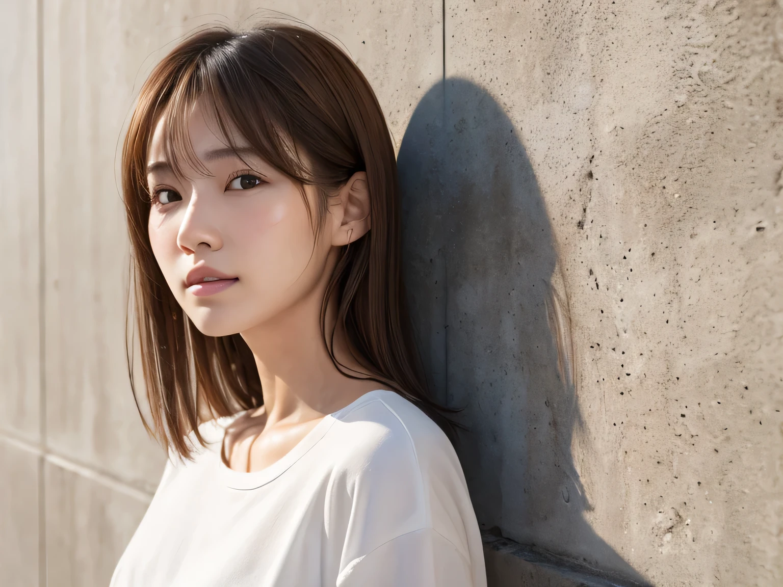 White shirt,Concrete wall with plain background,Light Brown Hair,Realistic skin texture,Slightly rough skin,Cute face,Japanese woman in her 20s,Medium hair over the shoulders ,Realistic skin texture,3 on the cheek％Acne scars