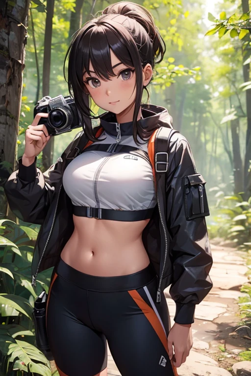 Girl, explorer, crop top Hiking outfit, showing navel, camera