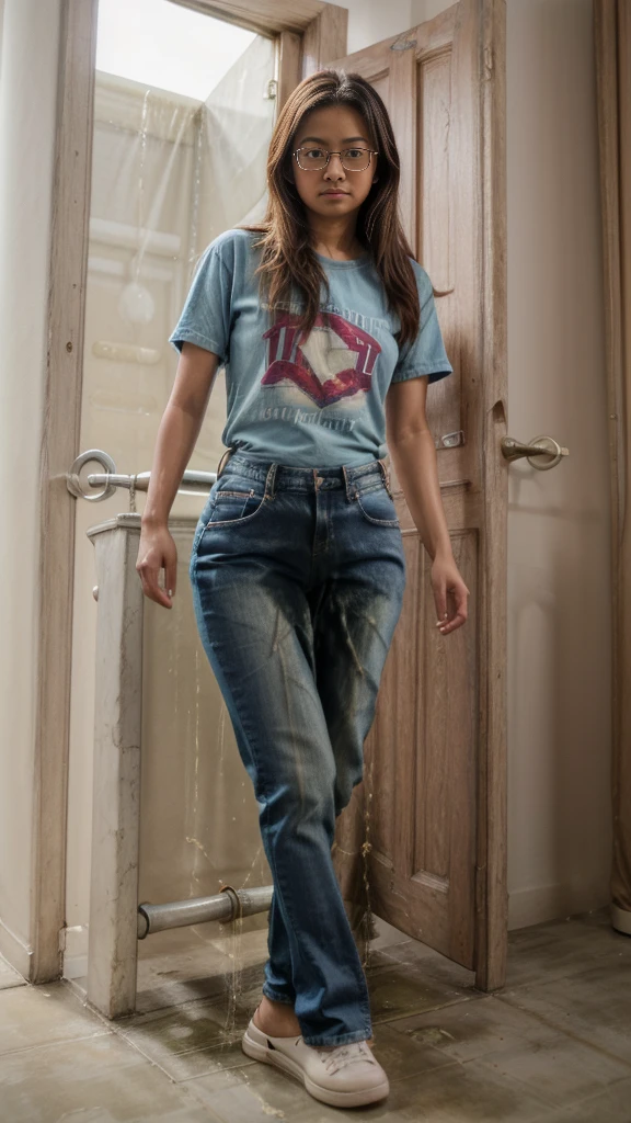 "Malay Girl woman face, 21yo, near the outer door, light blue jeans, maroon red t-shirt, glasses, peeing, (urination:1.5), medium: oil painting, realistic:1.37, best quality, ultra-detailed, studio lighting, vivid colors, physcially-based rendering."