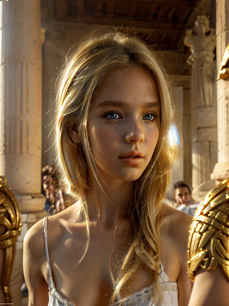 One girl, white greek girl, ancient greece, greek queen, blue eyes, golden hair, blonde, light, golden light effects, strong light, classic, blonde girl