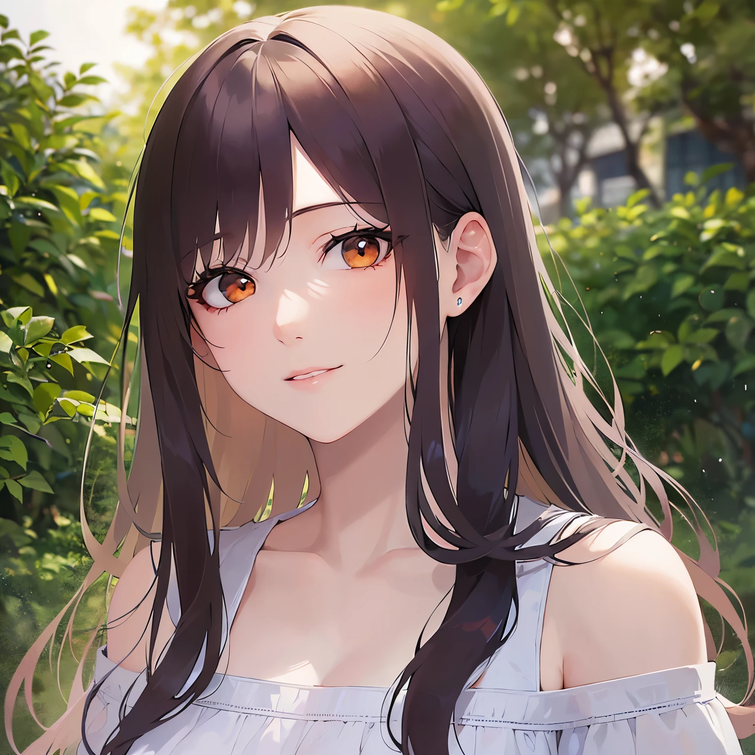 Upper Body, Realistic, real person, (pale skin: 1.2), RAW photo, photorealistic, portrait photography, shiny skin, shiny hair、(A 25-year-old woman with medium-length hair and bangs) and (wavy hair) and (brown hair) and (orange eyes) ,White off-shoulder blouse、smile, The background is a park、Alone、Are standing