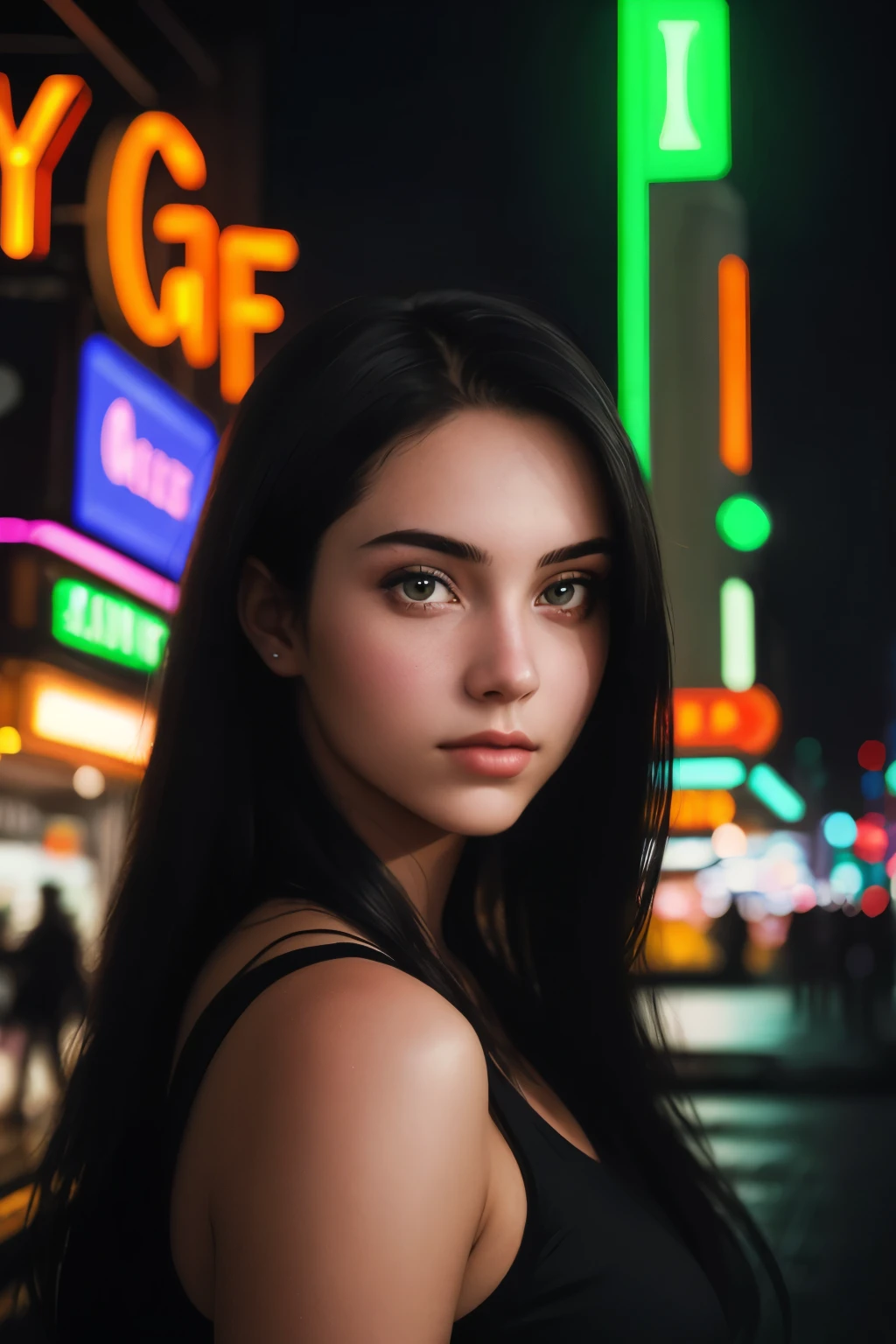 hyperrealistic photograph of a 20-year-old woman , perfect face and in the background a futuristic city with neon lights