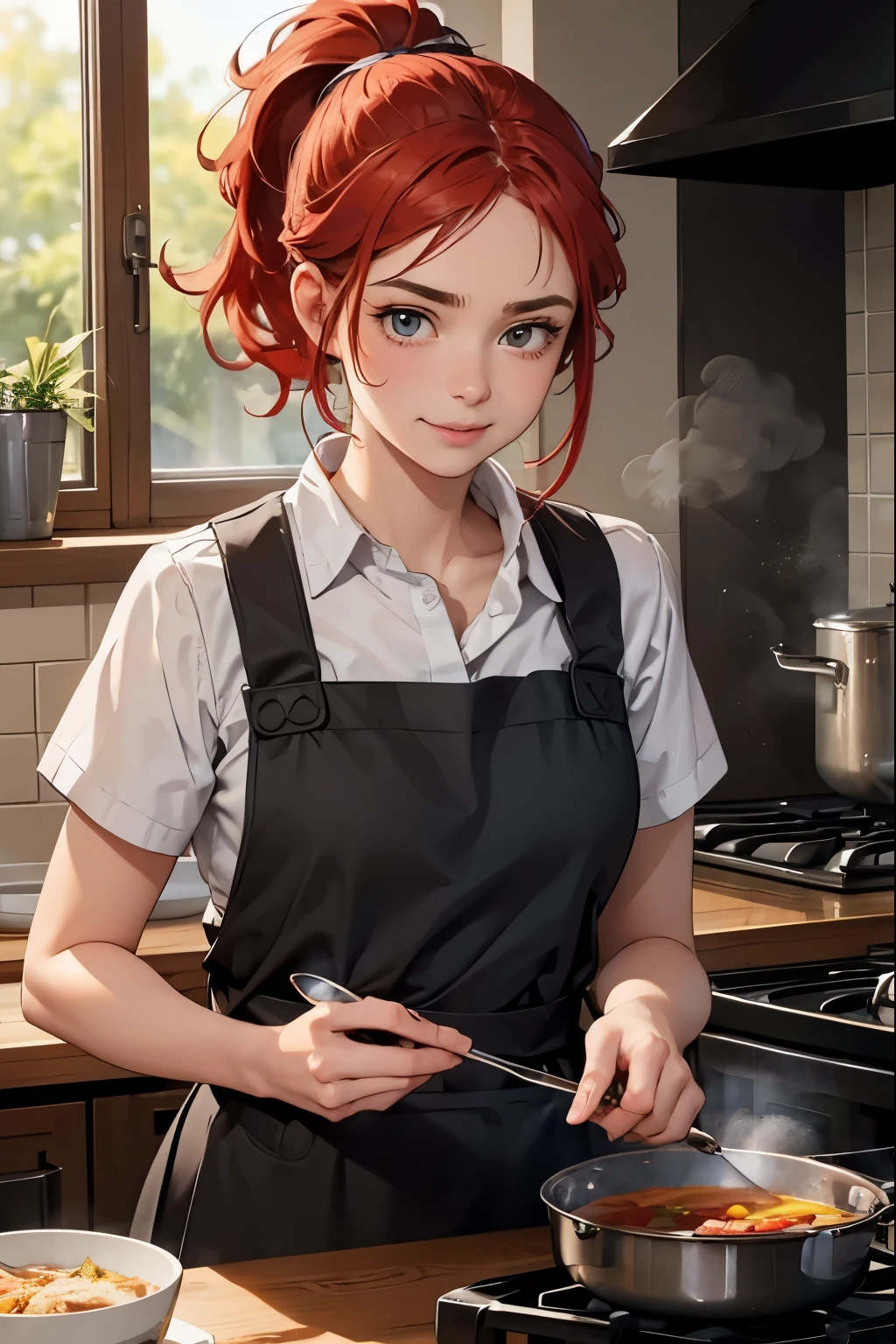 girl cooks soup. in an apron. Hair is pulled back into a ponytail. Holds a ladle. In front of the girl is a gas stove with a pot of soup. The soup is boiling in the pot. A look at the viewer. Beautiful face. Smooth facial features. Steam from the soup. Sweat on your face. Mouth slightly open. Hight quality. Hight detail. Red hair. Smile. Correct hands and fingers. Masterpiece
