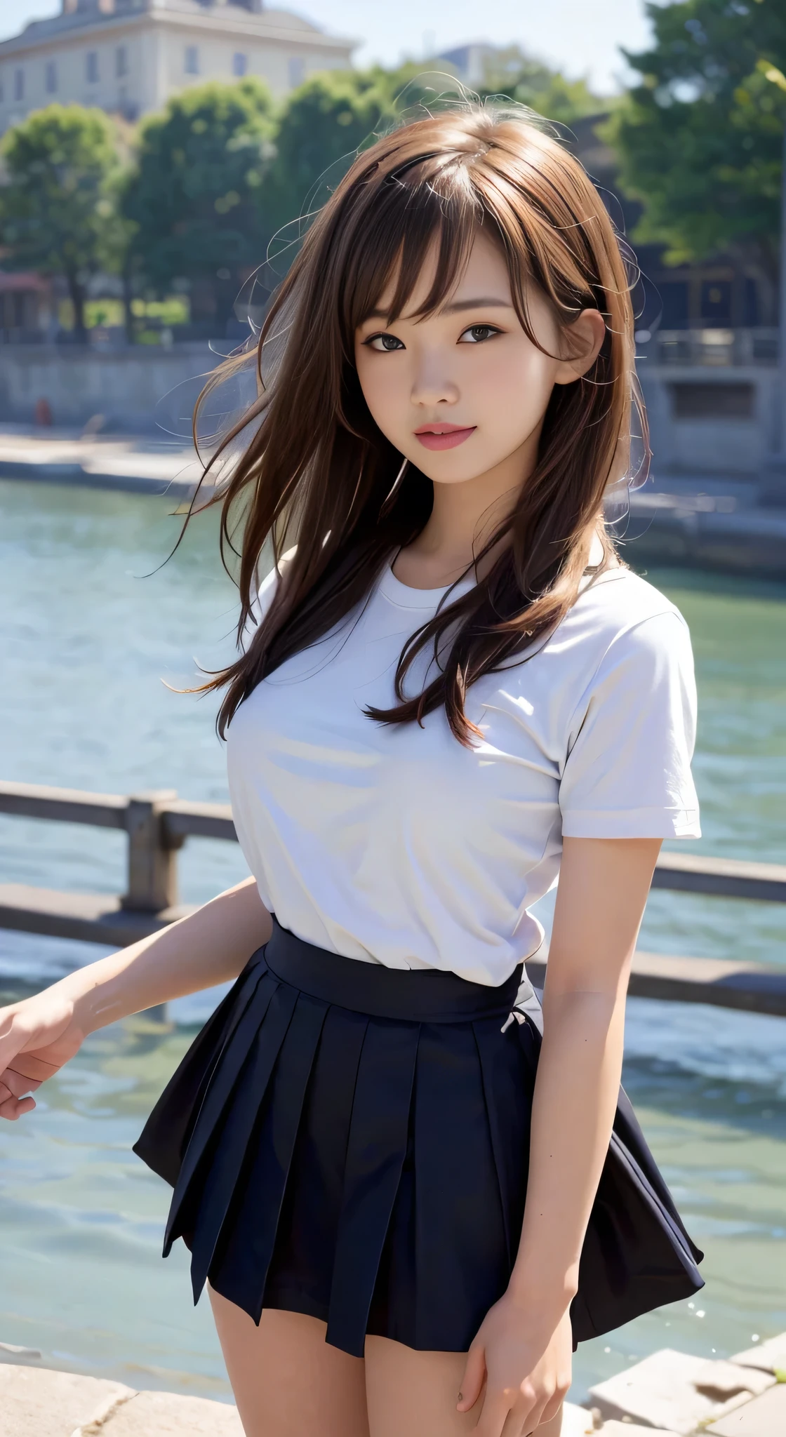 High Top Quality, Masterpiece, High Definition, 16k image, beautiful high school girl, medium bobbed hair, beautiful light brown hair, beautiful light brown eyes, (plump big tits), high , nipped in waist, short sleeved white blouse, pleated skirt , school girls stand on a riverbank’s pier, captivated by the mesmerizing reflections of the evening sun on the water’s surface. Their uniform skirts sway lightly in the breeze, and their smiles mirror on the rippling water. In the distance, lush green hills stretch, and on the opposite bank, the charming lights of a town twinkle. Capture this tranquil waterside landscape as a moment of their joy.,