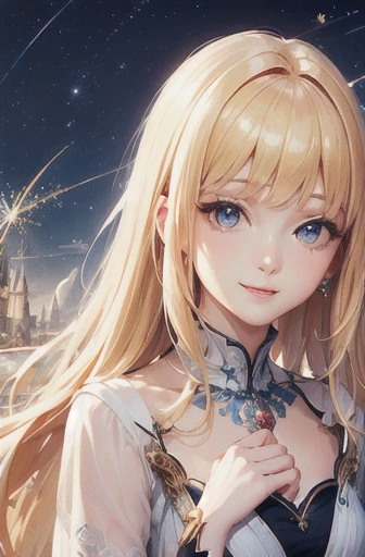 (masterpiece, highest quality, highest quality, Official Art, beautifully、beautiful:1.2), (1人のgirl:1.3), (Fractal Art:1.3),girl,beautiful,An innocent smile,Blonde,Long Hair,Princess,Smooth Hair,Noble princess dress,Sparkly hair accessories,Upper Body,I pray