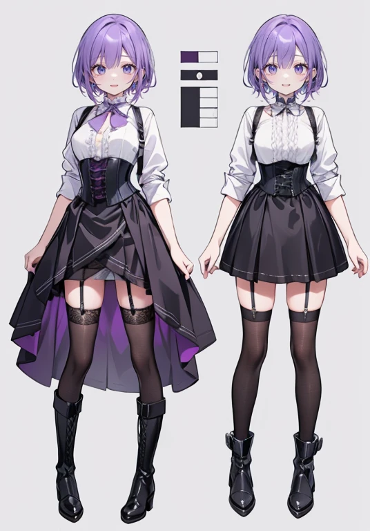 Purple hair,Shortcuts,Adult female,Bartender,((Body harness)),((Rolling up your sleeves shirt)),(Corset),(Tight skirt),((Garter belt)),(short boots),((Simple background)),Smile,((Full body)),((whole body)),Character Sheet,