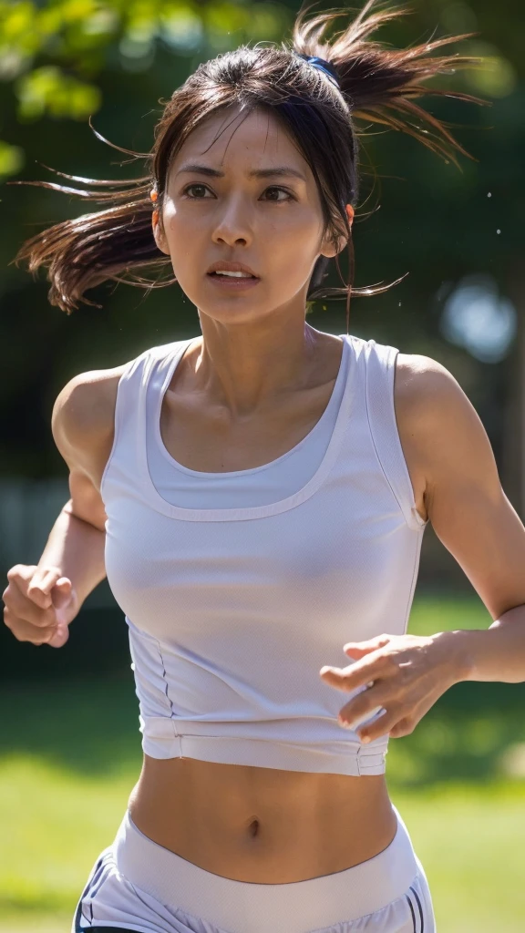 ((Top Quality)), ((8K)), ((Masterpiece: 1.3)), (Perfect Appearance), (Photorealism: 1.6), (Japanese woman jogging: 1.6), (clear background), (Beautiful jogging form with a straight spine: 1.2), japanese woman, (48 years old), ((Standing upright, facing forward, center of screen)), ((Realistic skin texture)), (Fine wrinkles throughout the skin: 1.3), (Dull skin: 1.1), (Skin without moisture: 1.2) , (Wrinkles on the face: 0.9), (Wrinkles on the corners of the eyes: 1.2), Double eyelids, tear bags on the lower eyelids, (Crying moles: 0.9), face is straight, Look in the direction of travel, (Dimples: 1.2), straight medium length, ponytail, hair blowing in the wind, Sun visor, Functional T-shirt that fits your body perfectly, T-shirt damp with sweat, Wear shorts over running tights, running shoes, (upper body is straight: 1.2), clenched fist,center of screen, (focus on upper body),