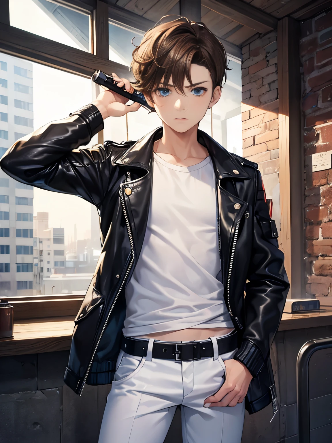 1male, dark olive green hair, styled in tousled waves, intense amber eyes, focused expression, oversized black leather jacket with a distressed finish, baggy faded blue jeans, rugged brown hiking boots, a simple silver chain bracelet, gritty urban street background with weathered brick walls and flickering streetlights, detailed face, hands to side, standing on path