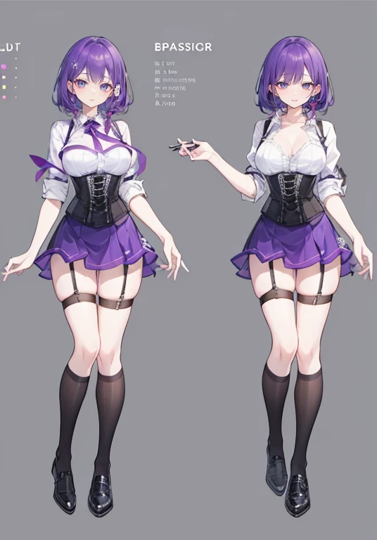 Purple hair,Shortcuts,Adult female,Bartender,((Body harness)),((Rolling up your sleeves shirt)),(Corset),(Tight skirt),((Garter belt)),(Heal),((Simple background)),Smile,((Full body)),((whole body)),Character Sheet,