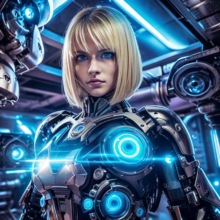 One-sided layered cut Bob, (Blonde hair: 1.3), ((Transparent blue eyes (purple)), ((Beautiful, detailed eyes, Jewel-like eyes, Bright blue eyes: 1.3)) , The female body incorporates mechanical components such as gears with supernan S on the chest, wires and circuits that merge with the female's natural shape to create a visually captivating and futuristic aesthetic. The mechanical elements emphasize precision and functionality, with interlocking gears and gears that work harmoniously with the feminine physique. Female faces can have cybernetic enhancements, such as glowing eyes, neural implants, and metallic facial features that symbolize the fusion of man and machine. This work of art embodies both the strength of a woman and the grace of the human spirit. Lighting and shadows play an important role, increasing the contrast between organic and mechanical elements and adding depth to the composition. It emphasizes the mechanical nature of the artwork. Background details can include futuristic cityscapes, industrial landscapes, or abstract patterns to further enhance the futuristic feel. Overall, the work captures the essence of a woman embracing the integration of machines, celebrating the possibilities and complexities of a future where humans and technology coexist, wearing Superman's S symbol on her chest.