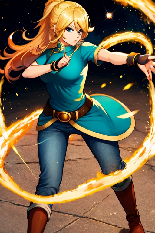 Rosalina, Rosalina wearing a red Top, jeans , Boots, Rosalina's golden hair flowing through air, ultra detailed face, fingerless gloves, fighting pose