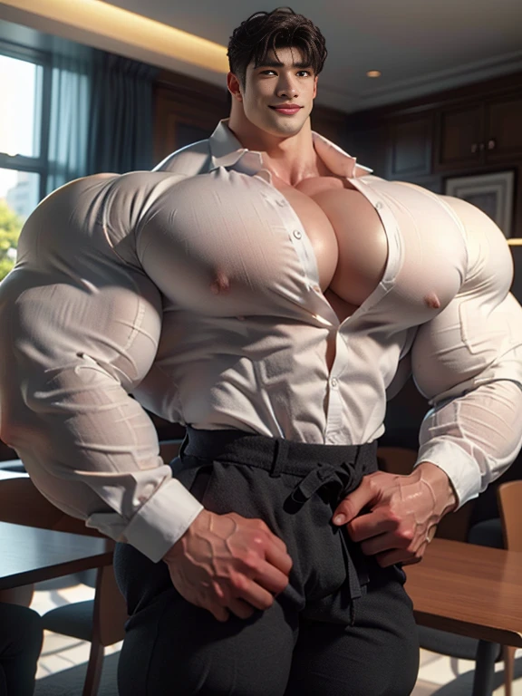 (best quality:1.5, hyperrealistic:1.5, photorealistic:1.4, madly detailed CG unity 8k wallpaper:1.5, masterpiece:1.3, enthusiastically detailed photo:1.2), (hyper-realistic lifelike texture:1.4), highly detailed, ((masterpiece, best quality)) ,extremely detailed 8K wallpaper, 1 korean male, (korean man with k-pop idol look), 20yo, handsome, detailed face, heavy muscular, stubble, sexy and masculine, casual shirt & pants, prominent bulge, photo real, illuminating light, big, brutalmass, giant, muscular bodybuilder, bulk, massive body, large size, smile, ecletic interior design