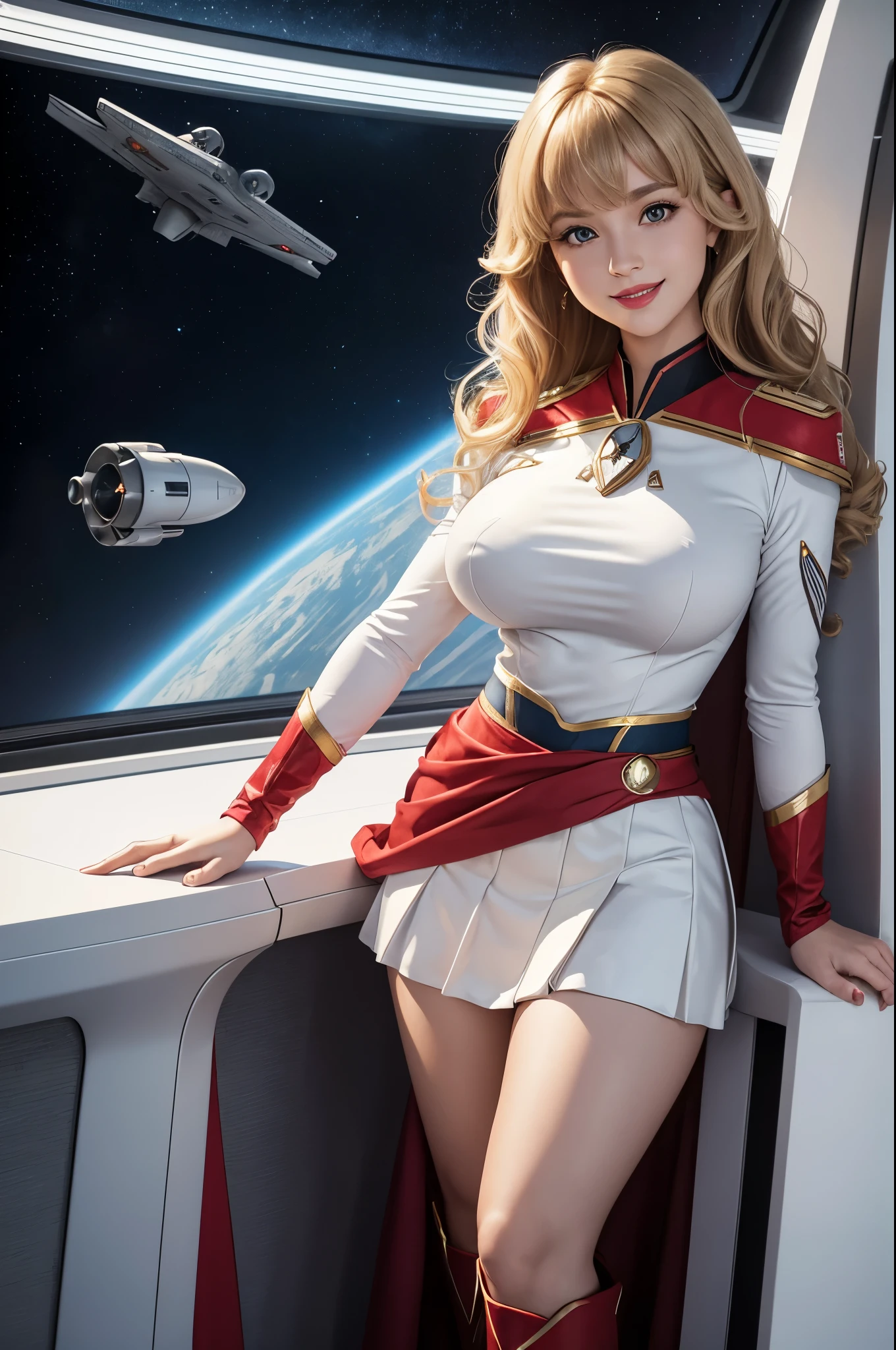 Supergirl, 27 years old, full body view, full body view, full body view, Beautiful woman shoulder length curly blonde hair, two side up with bangs, ringlets, shoulder length curly blonde hair with bangs, two side up, ringlets, shoulder length curly blonde hair with bangs, two side up, ringlets, defined body, (large_breasts:1.5) Red lipstick, smiling slightly, hands free, standing facing camera, (( starfleet white officers uniform with red skirt and matching boots)), starship observation lounge overlooking planet below (curvy:1.2)