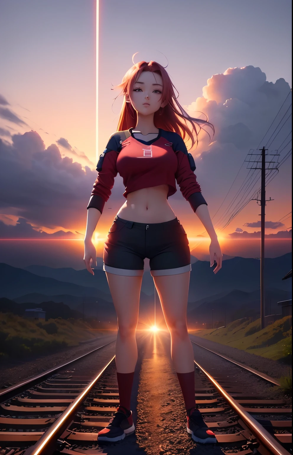 a close up of a person in a red shirt and shorts, upper body avatar, distant full body view, symmetrical fullbody rendering, female full body, full body female, realistically proportioned body, full character body, fully body pose, whole body highly detailed, zoomed out full body, upper body 2d game avatar, character is in her natural pose, Anime train crossing track in sky background, beautiful and harmonious scene, sunrise, exquisite animation, rich details (width is 672), high quality, clarity 4k, artistic 4k wallpaper, stunning anime landscape, 8k art wallpaper.